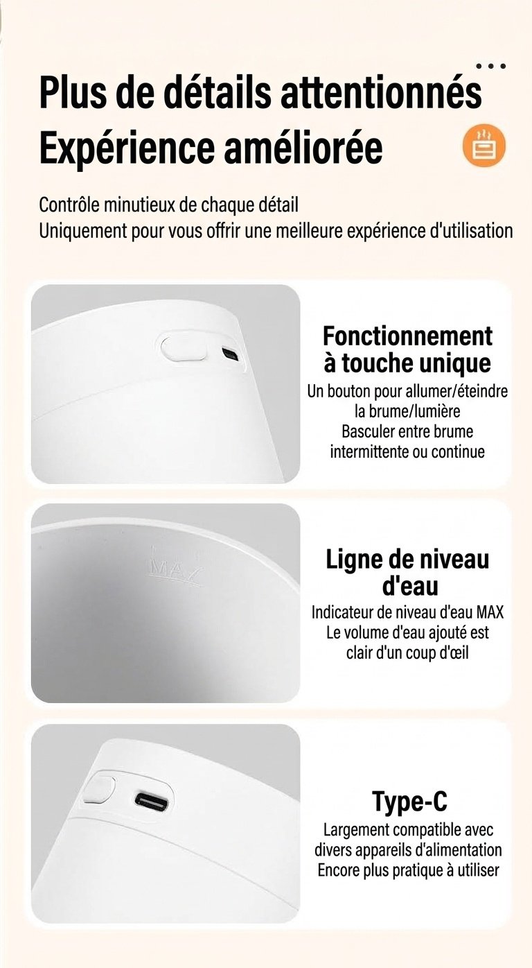 Humidificateur portable USB, diffuseur de brume fine silencieux de 230 ml avec veilleuse RGB, chargement USB-C et arrêt automatique de sécurité après 3 heures pour la maison, le bureau et la voiture