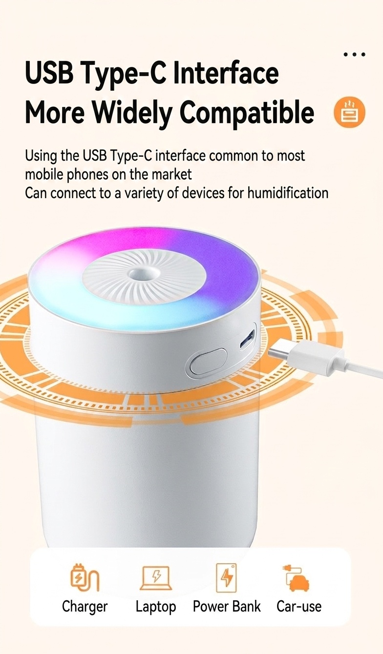 Humidificador USB portátil, difusor de niebla fina silencioso de 230 ml con luz nocturna RGB, carga tipo C y apagado automático de seguridad de 3 horas para el hogar, la oficina y el coche.