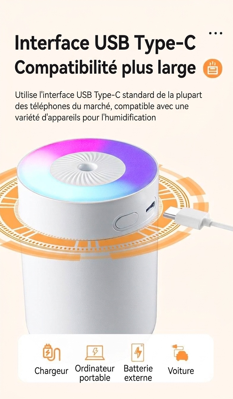 Humidificateur portable USB, diffuseur de brume fine silencieux de 230 ml avec veilleuse RGB, chargement USB-C et arrêt automatique de sécurité après 3 heures pour la maison, le bureau et la voiture