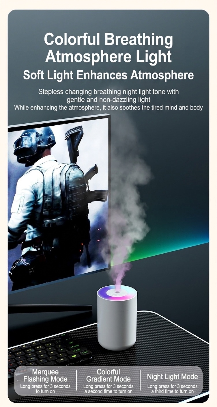 Humidificador USB portátil, difusor de niebla fina silencioso de 230 ml con luz nocturna RGB, carga tipo C y apagado automático de seguridad de 3 horas para el hogar, la oficina y el coche.