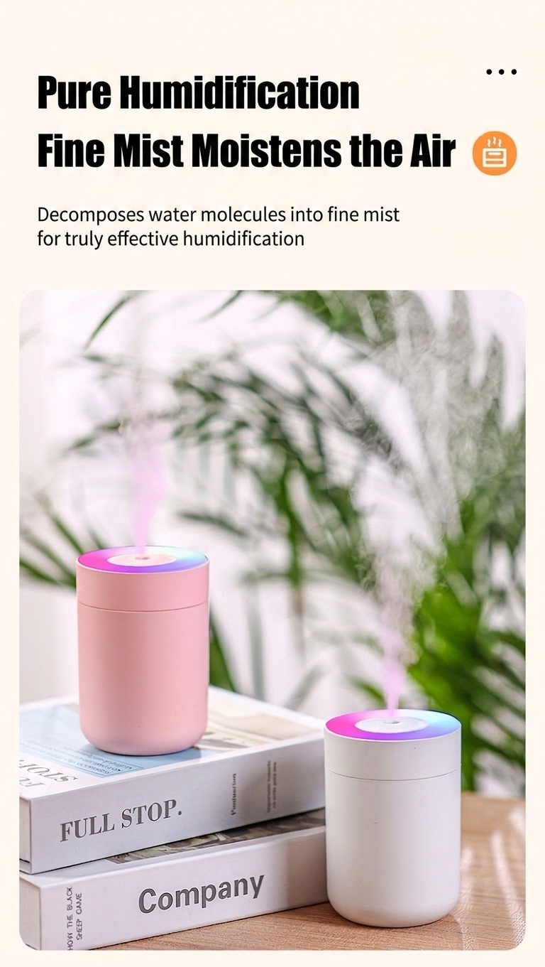 Humidificador USB portátil, difusor de niebla fina silencioso de 230 ml con luz nocturna RGB, carga tipo C y apagado automático de seguridad de 3 horas para el hogar, la oficina y el coche.