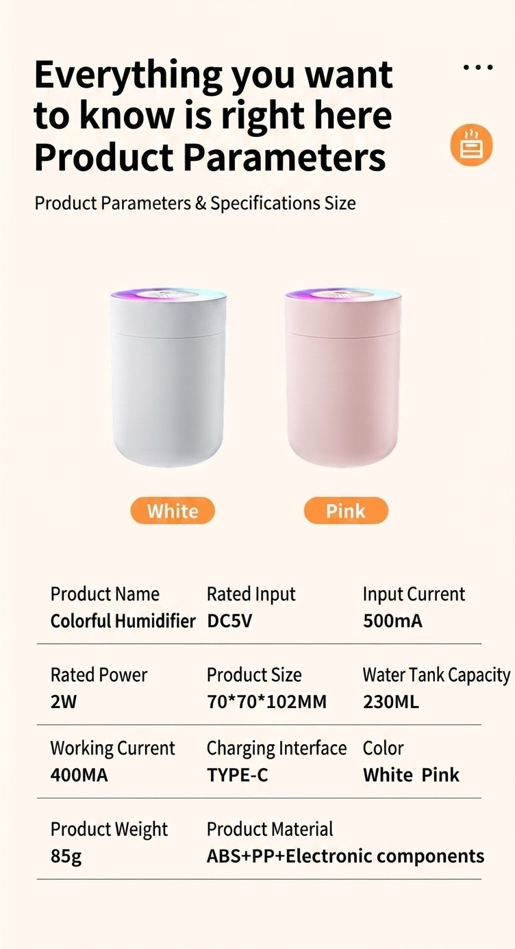 Humidificador USB portátil, difusor de niebla fina silencioso de 230 ml con luz nocturna RGB, carga tipo C y apagado automático de seguridad de 3 horas para el hogar, la oficina y el coche.