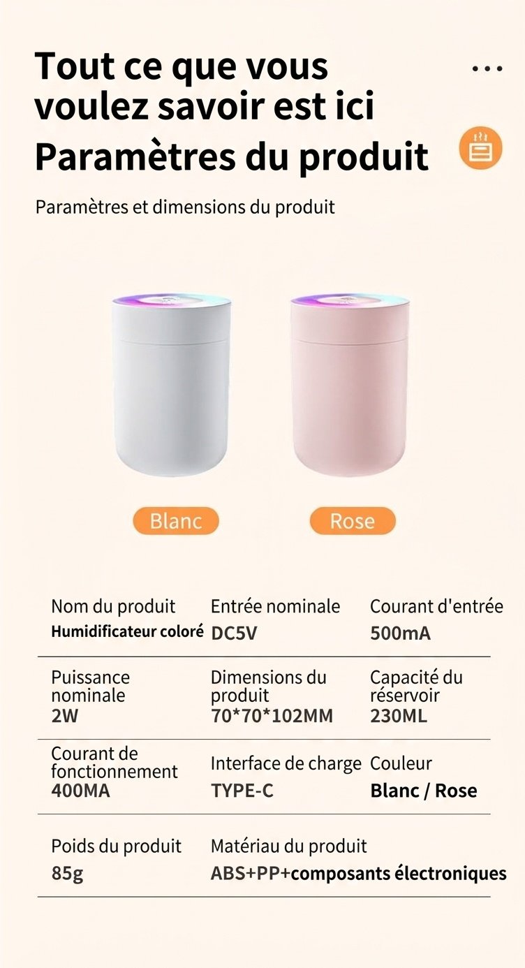 Humidificateur portable USB, diffuseur de brume fine silencieux de 230 ml avec veilleuse RGB, chargement USB-C et arrêt automatique de sécurité après 3 heures pour la maison, le bureau et la voiture