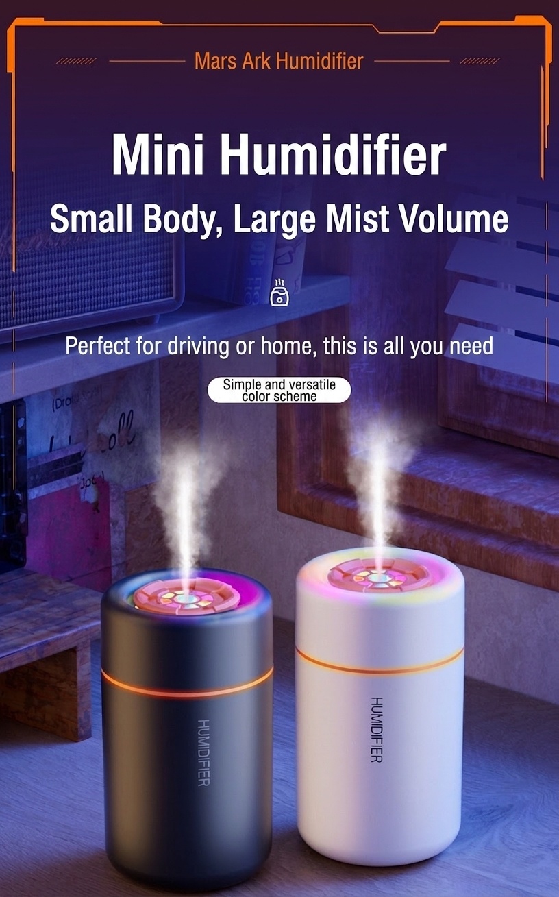 Mini humidificador portátil USB y difusor de aceites esenciales, purificador de aire silencioso de niebla fina con luz LED vibrante para el hogar, la oficina, el dormitorio y el coche.