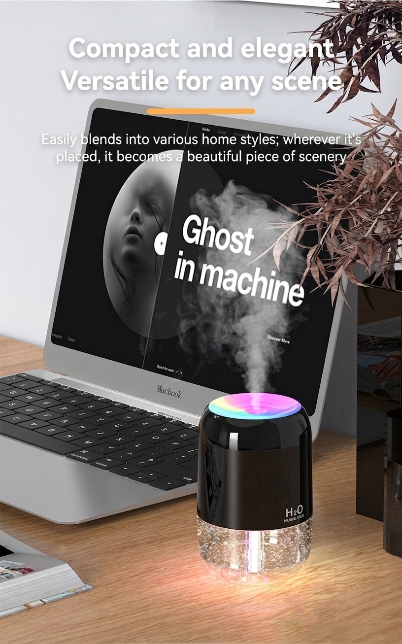 Humidificador USB mini portátil, difusor de niebla fina silencioso de 200 ml con luz nocturna RGB, 2 modos de niebla y apagado automático, 8 horas de hidratación para el hogar y los viajes.