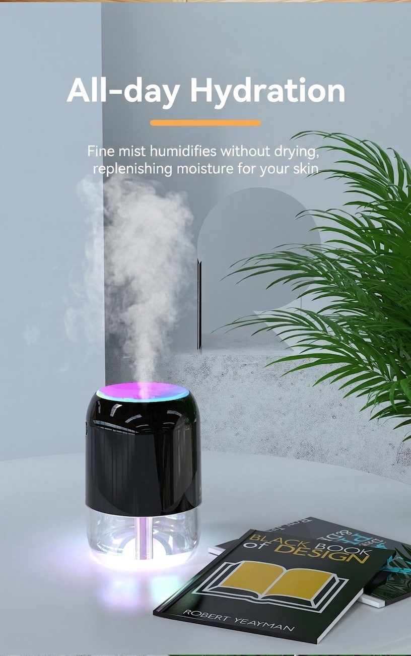 Humidificador USB mini portátil, difusor de niebla fina silencioso de 200 ml con luz nocturna RGB, 2 modos de niebla y apagado automático, 8 horas de hidratación para el hogar y los viajes.