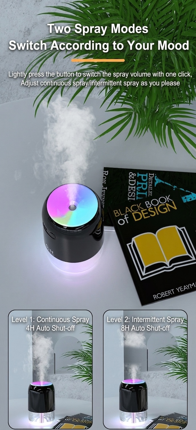 Humidificador USB mini portátil, difusor de niebla fina silencioso de 200 ml con luz nocturna RGB, 2 modos de niebla y apagado automático, 8 horas de hidratación para el hogar y los viajes.