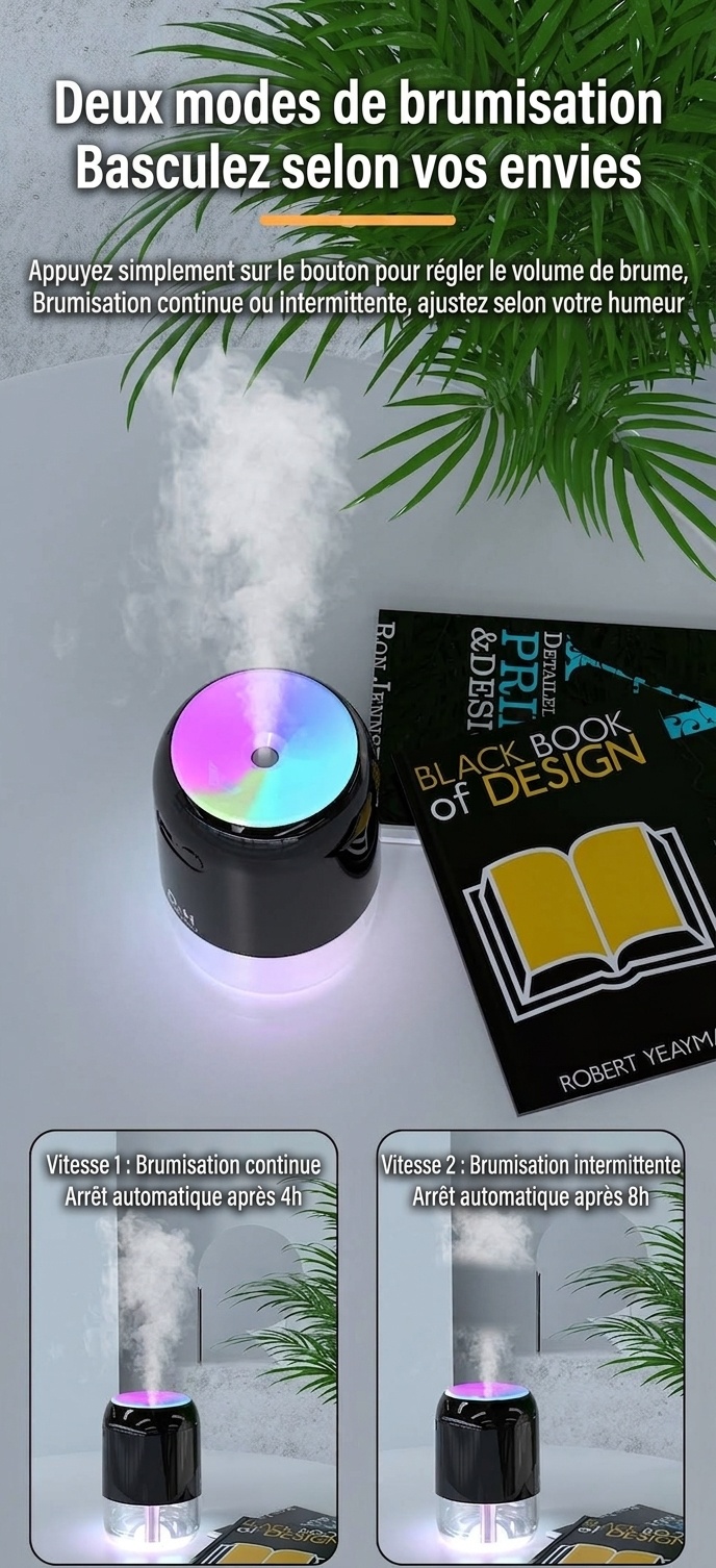 Mini humidificateur USB portable, diffuseur de brume fine silencieux de 200 ml avec veilleuse RGB, 2 modes de brumisation et arrêt automatique, 8 heures d'hydratation pour la maison et les voyages