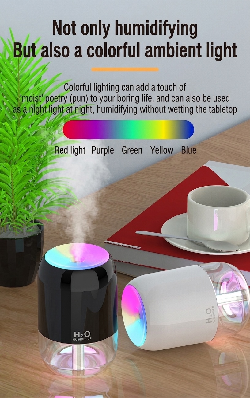 Humidificador USB mini portátil, difusor de niebla fina silencioso de 200 ml con luz nocturna RGB, 2 modos de niebla y apagado automático, 8 horas de hidratación para el hogar y los viajes.