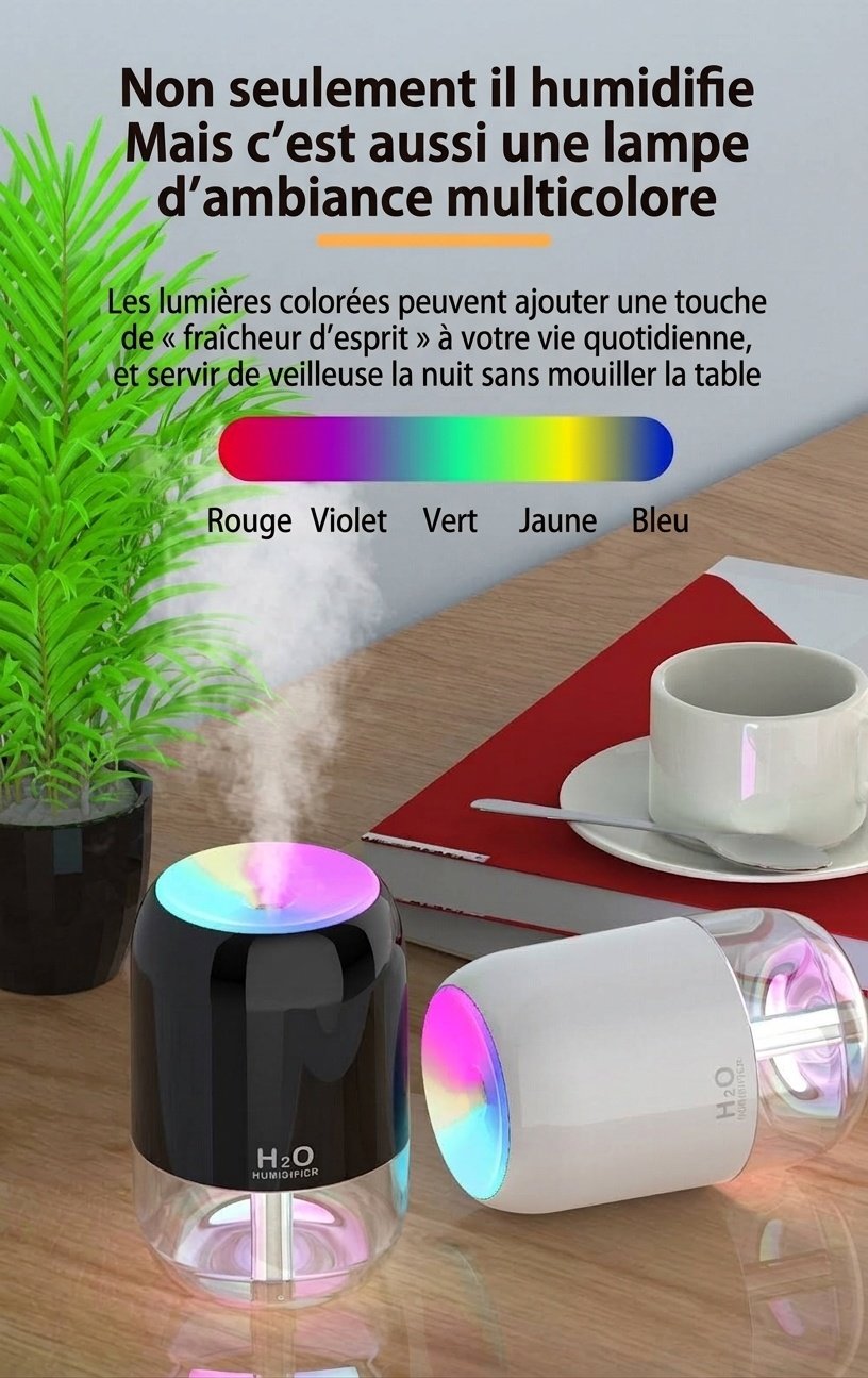 Mini humidificateur USB portable, diffuseur de brume fine silencieux de 200 ml avec veilleuse RGB, 2 modes de brumisation et arrêt automatique, 8 heures d'hydratation pour la maison et les voyages