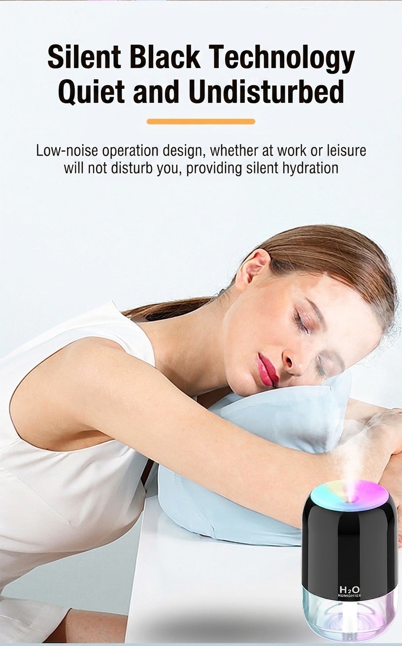 Humidificador USB mini portátil, difusor de niebla fina silencioso de 200 ml con luz nocturna RGB, 2 modos de niebla y apagado automático, 8 horas de hidratación para el hogar y los viajes.