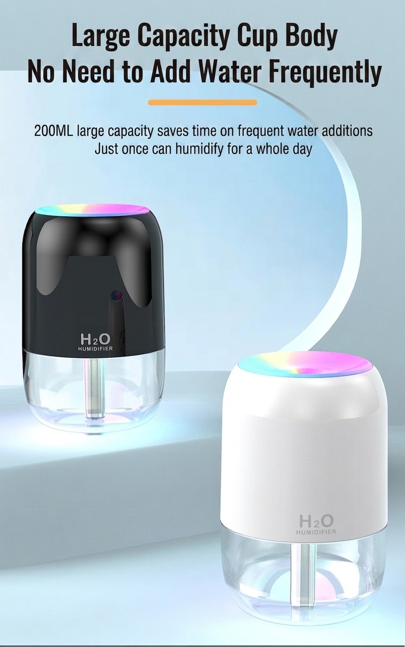 Humidificador USB mini portátil, difusor de niebla fina silencioso de 200 ml con luz nocturna RGB, 2 modos de niebla y apagado automático, 8 horas de hidratación para el hogar y los viajes.
