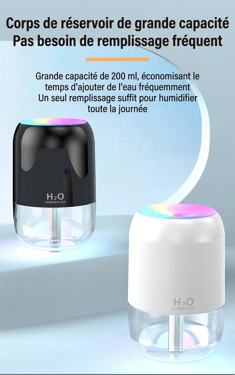 Mini humidificateur USB portable, diffuseur de brume fine silencieux de 200 ml avec veilleuse RGB, 2 modes de brumisation et arrêt automatique, 8 heures d'hydratation pour la maison et les voyages