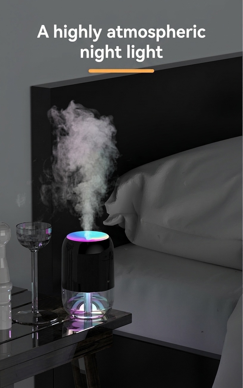 Humidificador USB mini portátil, difusor de niebla fina silencioso de 200 ml con luz nocturna RGB, 2 modos de niebla y apagado automático, 8 horas de hidratación para el hogar y los viajes.