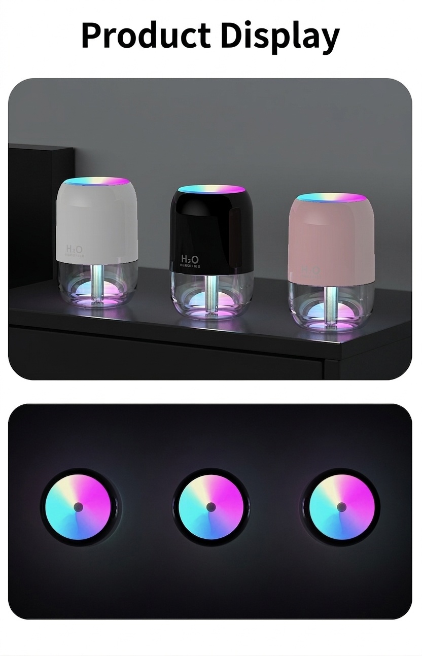 Humidificador USB mini portátil, difusor de niebla fina silencioso de 200 ml con luz nocturna RGB, 2 modos de niebla y apagado automático, 8 horas de hidratación para el hogar y los viajes.