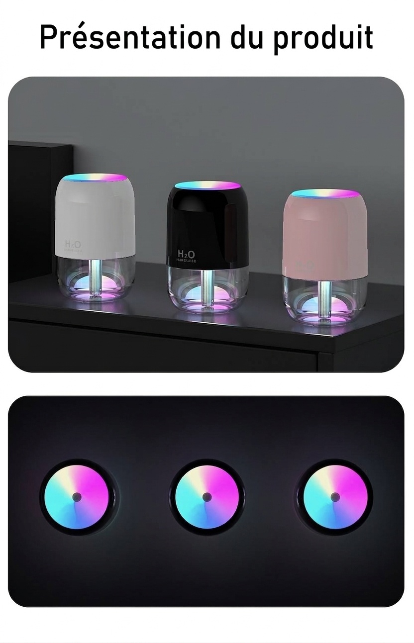 Mini humidificateur USB portable, diffuseur de brume fine silencieux de 200 ml avec veilleuse RGB, 2 modes de brumisation et arrêt automatique, 8 heures d'hydratation pour la maison et les voyages