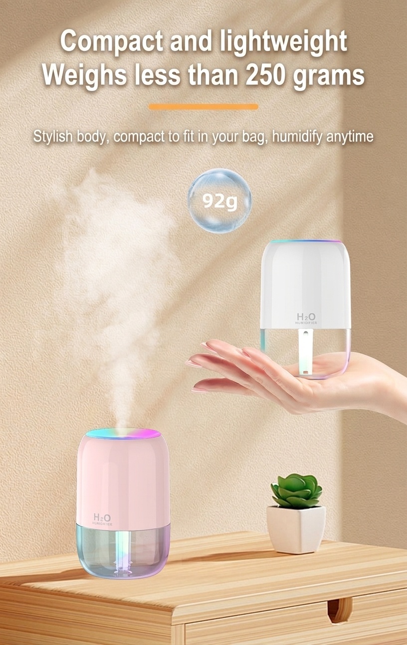 Humidificador USB mini portátil, difusor de niebla fina silencioso de 200 ml con luz nocturna RGB, 2 modos de niebla y apagado automático, 8 horas de hidratación para el hogar y los viajes.