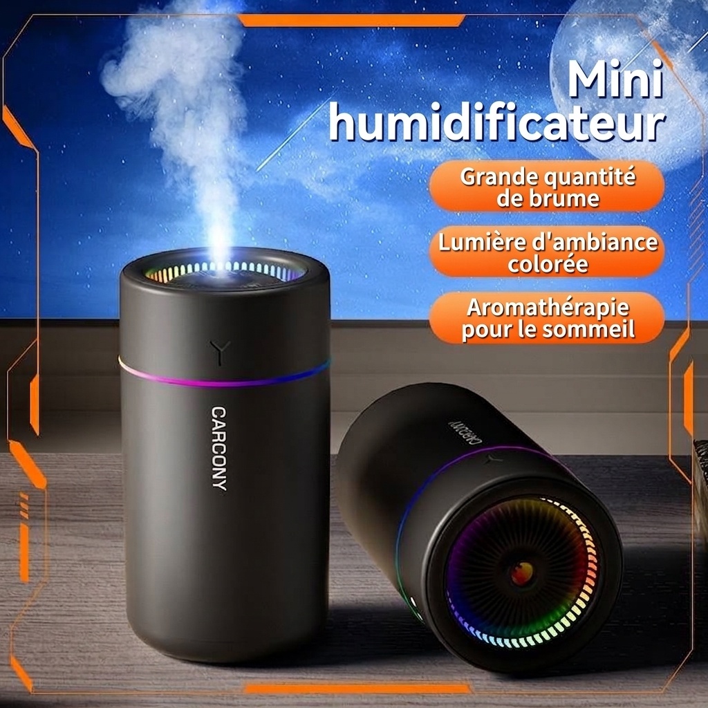 Mini humidificateur portable USB et diffuseur d'huiles essentielles, brumisateur silencieux de 280 ml avec veilleuse RGB pour un air frais et une peau hydratée, pour la maison, le bureau et la voiture.