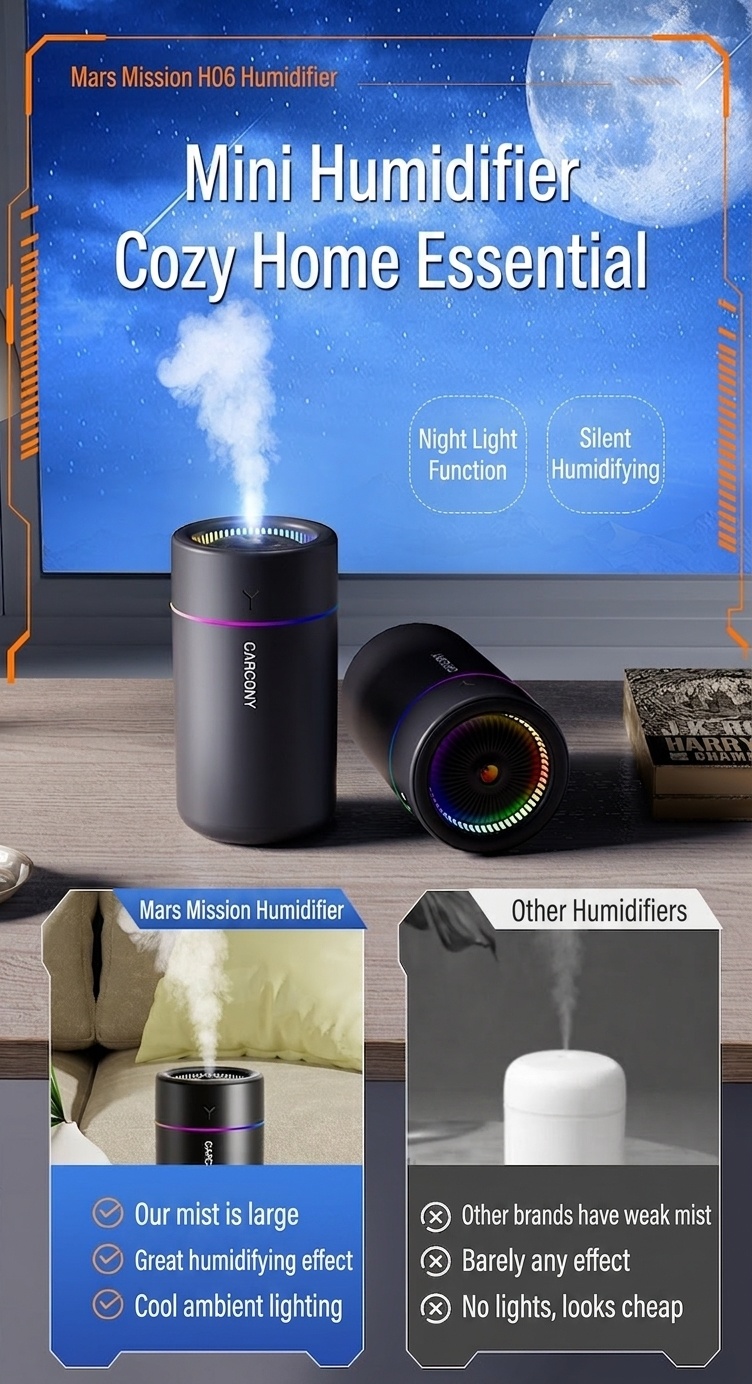 Mini humidificador portátil USB y difusor de aceites esenciales, 280 ml, generador de niebla silencioso con luz nocturna RGB para aire fresco e hidratación de la piel, hogar, oficina, coche.