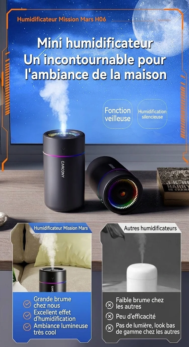 Mini humidificateur portable USB et diffuseur d'huiles essentielles, brumisateur silencieux de 280 ml avec veilleuse RGB pour un air frais et une peau hydratée, pour la maison, le bureau et la voiture.