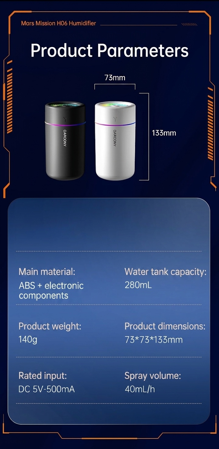 Mini humidificador portátil USB y difusor de aceites esenciales, 280 ml, generador de niebla silencioso con luz nocturna RGB para aire fresco e hidratación de la piel, hogar, oficina, coche.