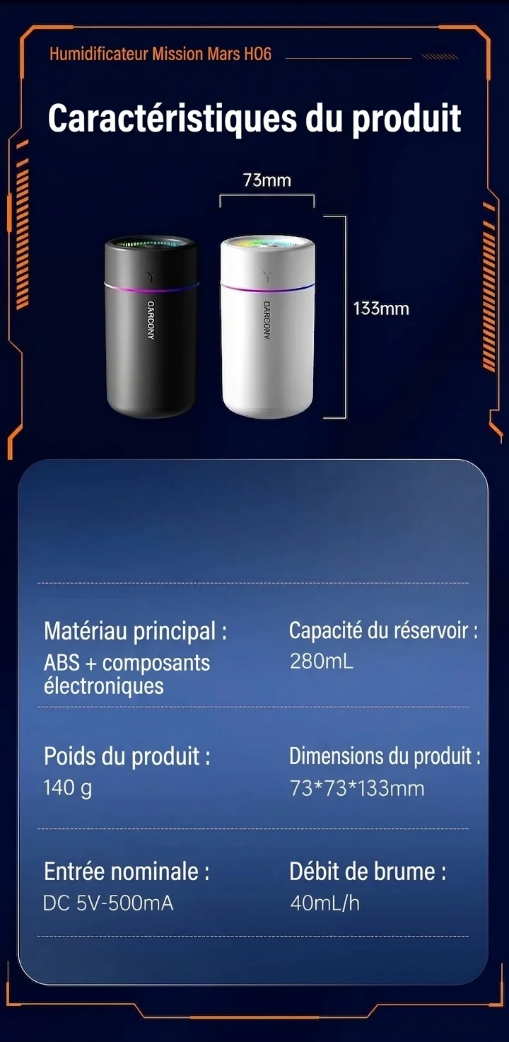 Mini humidificateur portable USB et diffuseur d'huiles essentielles, brumisateur silencieux de 280 ml avec veilleuse RGB pour un air frais et une peau hydratée, pour la maison, le bureau et la voiture.