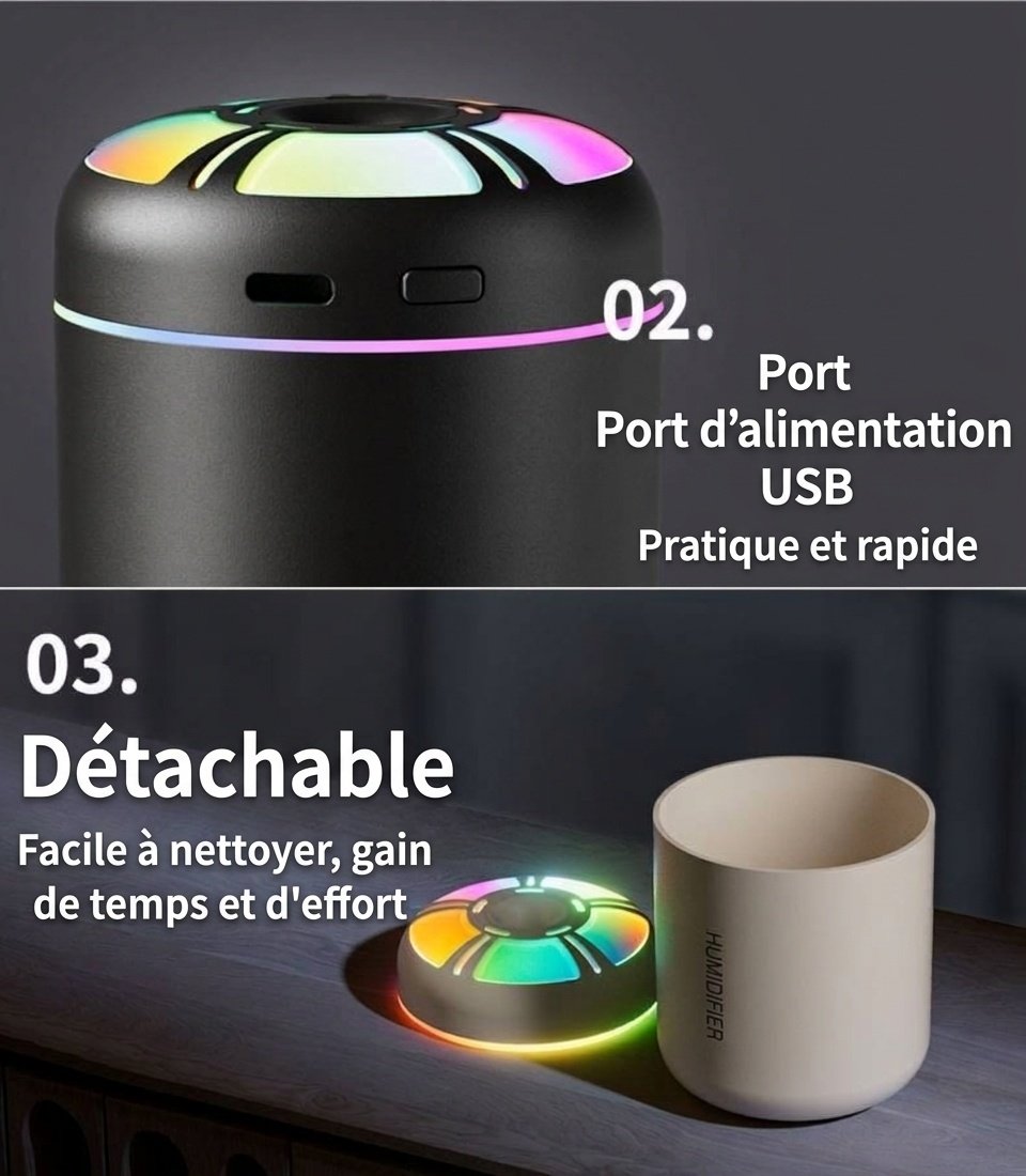 Humidificateur Aurora Mini USB, diffuseur d'air portable de 180 ml avec veilleuse LED 7 couleurs, brumisation fine et silencieuse de 40 ml/h pour la maison, le bureau, la chambre et la voiture