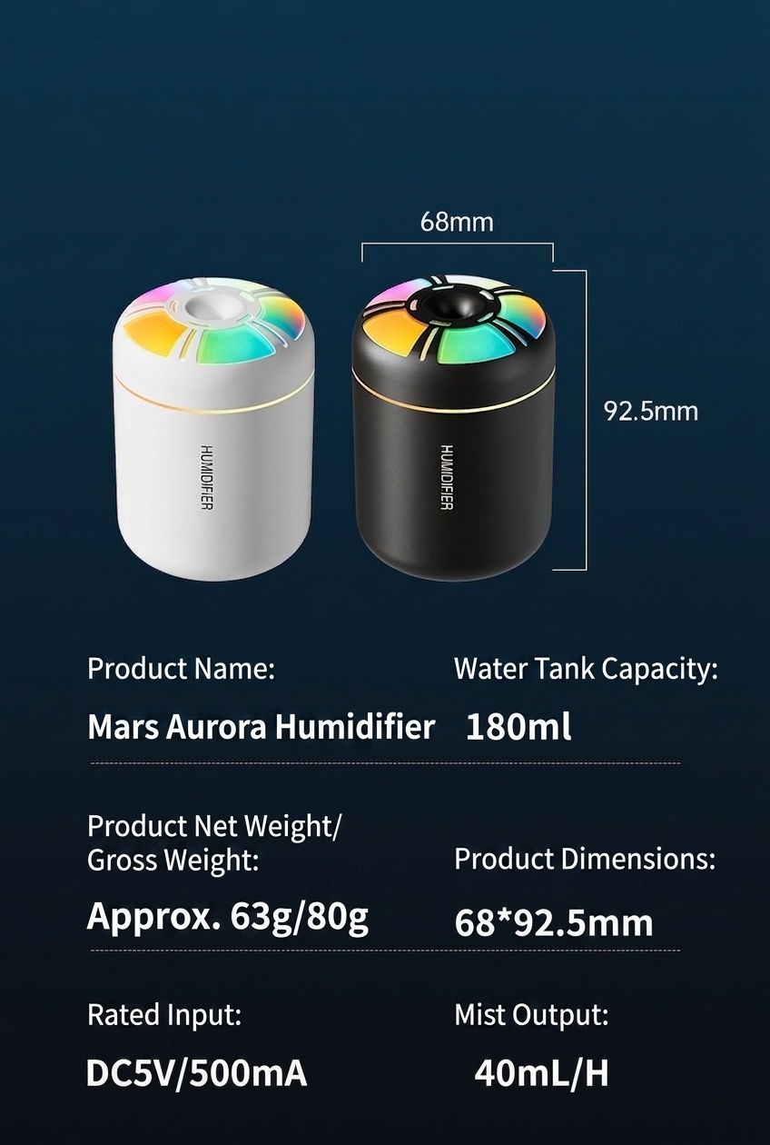 Humidificador USB mini Aurora, difusor de aire portátil de 180 ml con luz nocturna LED de 7 colores, niebla fina silenciosa de 40 ml/h para el hogar, la oficina, el dormitorio y el coche.