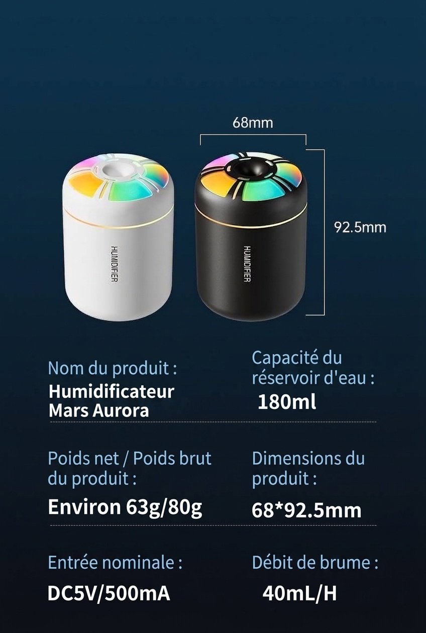 Humidificateur Aurora Mini USB, diffuseur d'air portable de 180 ml avec veilleuse LED 7 couleurs, brumisation fine et silencieuse de 40 ml/h pour la maison, le bureau, la chambre et la voiture