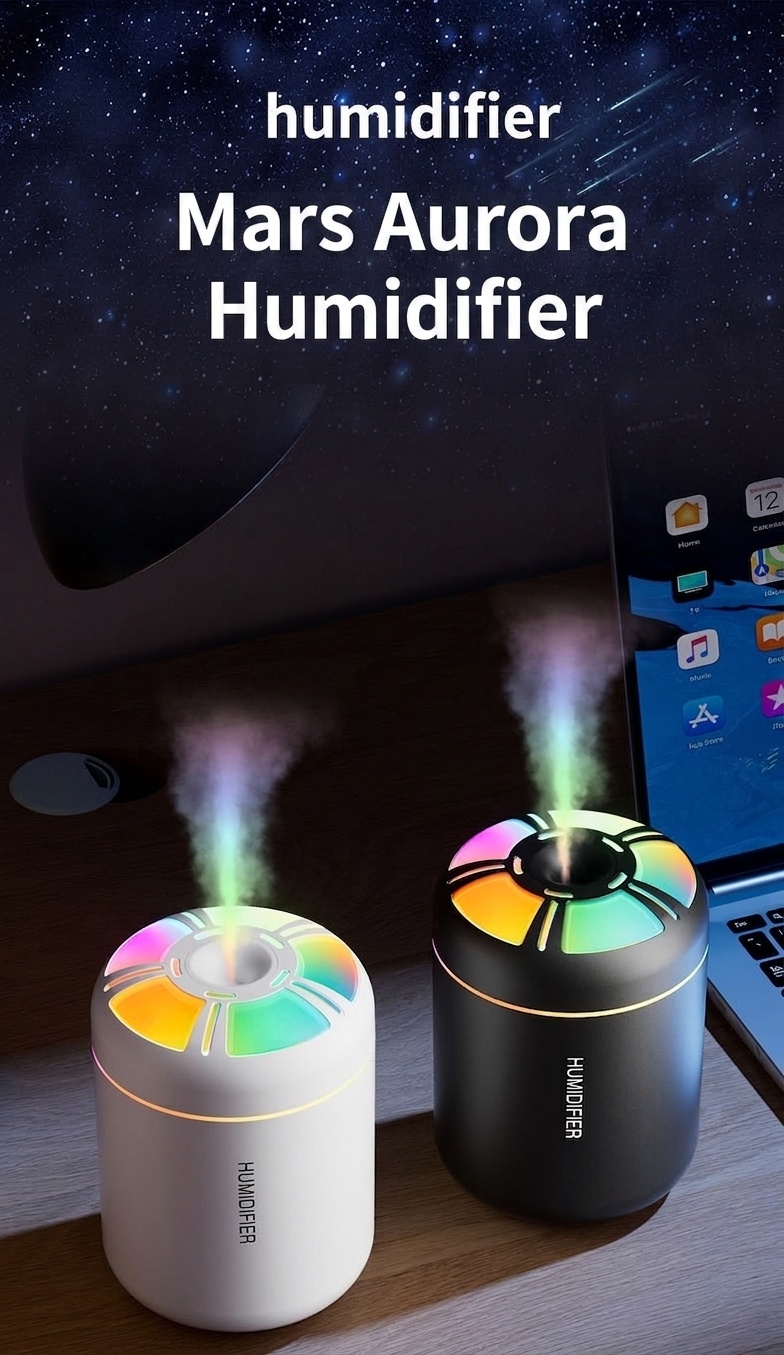 Humidificador USB mini Aurora, difusor de aire portátil de 180 ml con luz nocturna LED de 7 colores, niebla fina silenciosa de 40 ml/h para el hogar, la oficina, el dormitorio y el coche.
