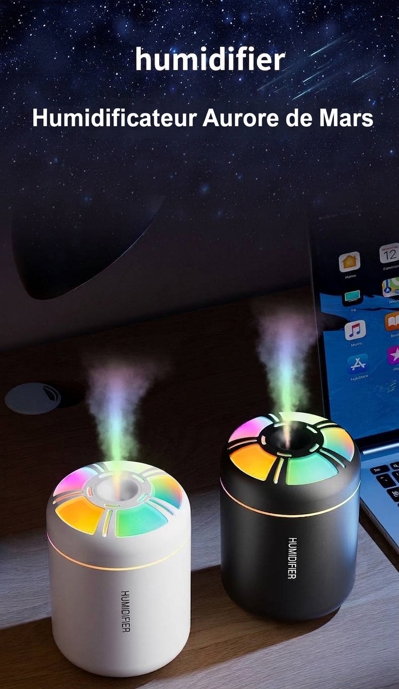 Humidificateur Aurora Mini USB, diffuseur d'air portable de 180 ml avec veilleuse LED 7 couleurs, brumisation fine et silencieuse de 40 ml/h pour la maison, le bureau, la chambre et la voiture