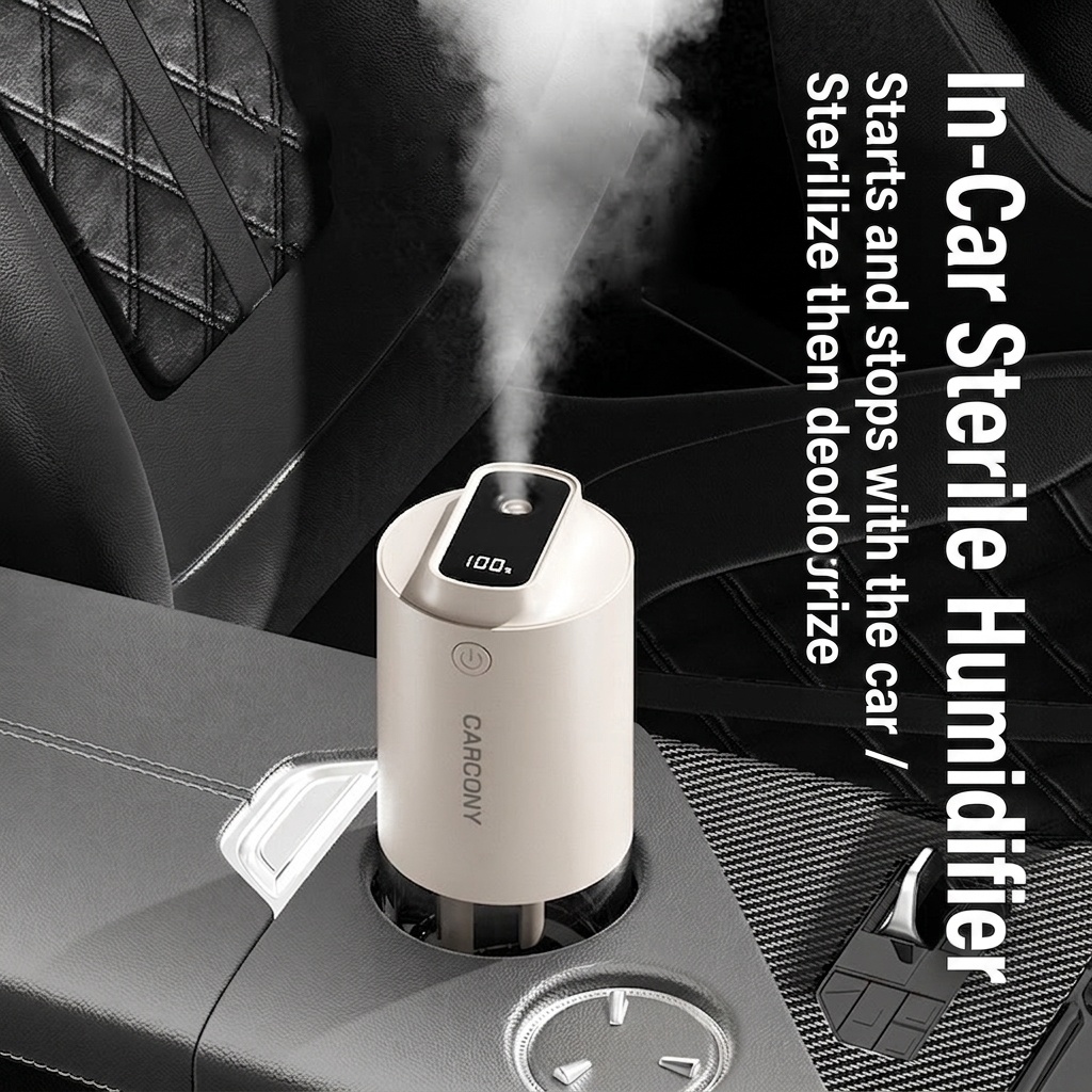Humidificador y esterilizador de aire inteligente para coche, difusor de niebla fina con arranque/parada automáticos, purificación de 360°, funcionamiento ultrasilencioso y fácil limpieza para vehículos.