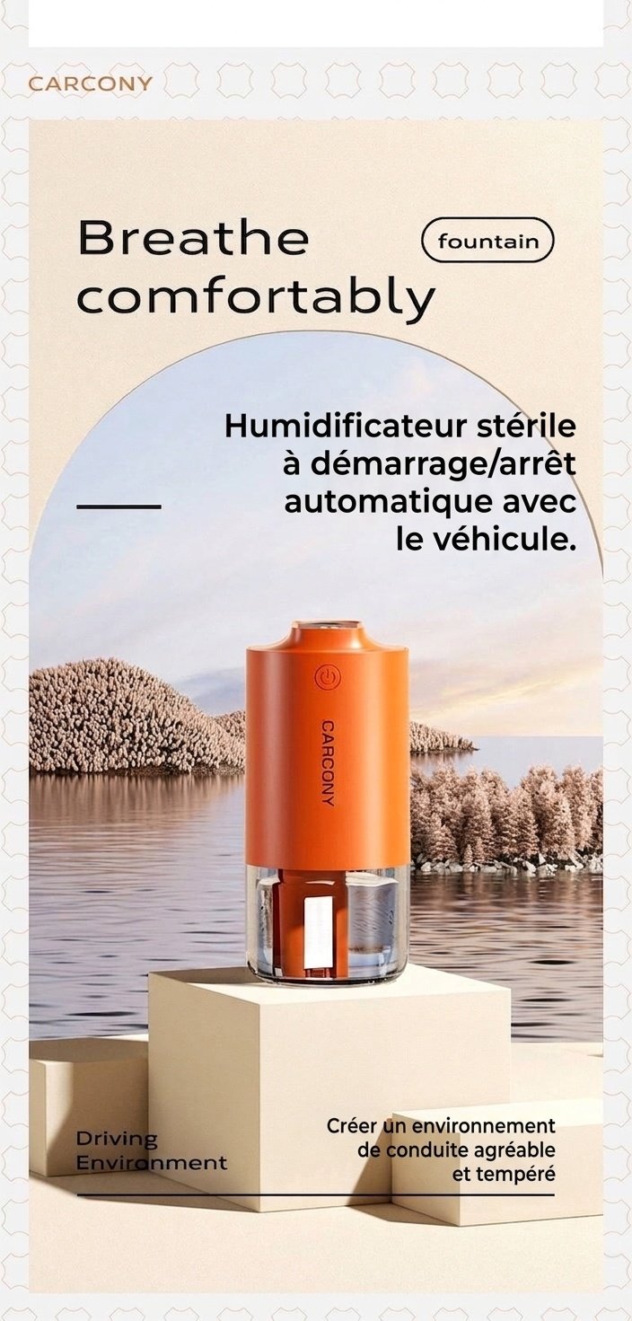 Humidificateur et stérilisateur d'air intelligent pour voiture, diffuseur de brume fine à démarrage/arrêt automatique avec purification à 360°, fonctionnement ultra-silencieux et nettoyage facile pour véhicules