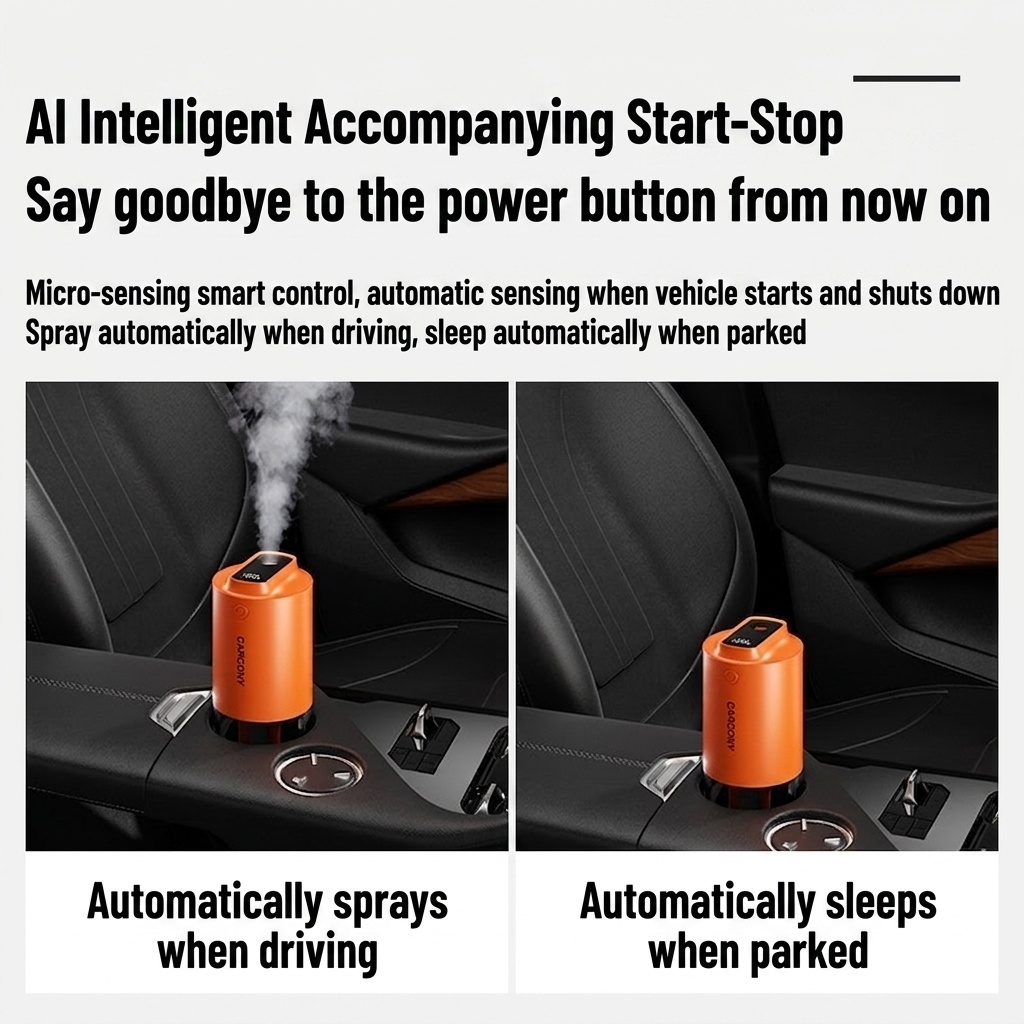 Humidificador y esterilizador de aire inteligente para coche, difusor de niebla fina con arranque/parada automáticos, purificación de 360°, funcionamiento ultrasilencioso y fácil limpieza para vehículos.