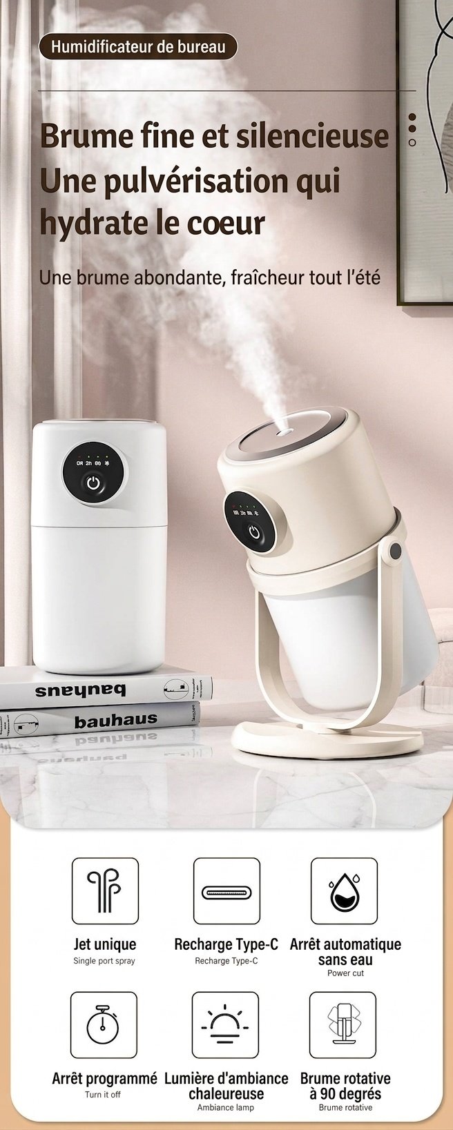 Humidificateur portable USB, diffuseur de brume continu silencieux de 280 ml avec veilleuse apaisante, rotation à 360° et minuterie intelligente pour la maison, le bureau et les voyages.