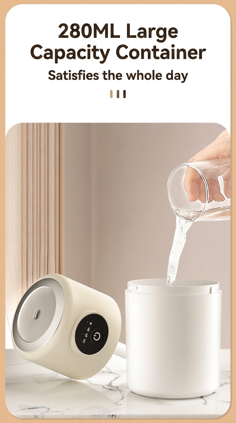 Humidificador USB portátil, difusor de niebla continua silenciosa de 280 ml con luz nocturna relajante, rotación de 360° y temporizador inteligente para el hogar, la oficina y los viajes.