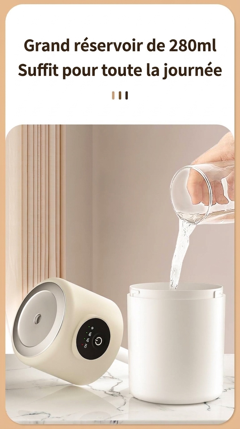 Humidificateur portable USB, diffuseur de brume continu silencieux de 280 ml avec veilleuse apaisante, rotation à 360° et minuterie intelligente pour la maison, le bureau et les voyages.