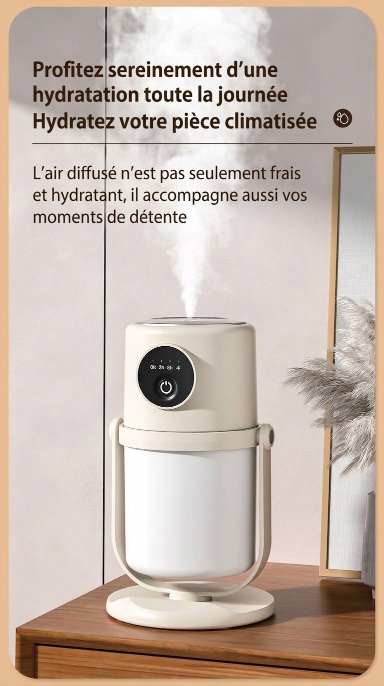 Humidificateur portable USB, diffuseur de brume continu silencieux de 280 ml avec veilleuse apaisante, rotation à 360° et minuterie intelligente pour la maison, le bureau et les voyages.