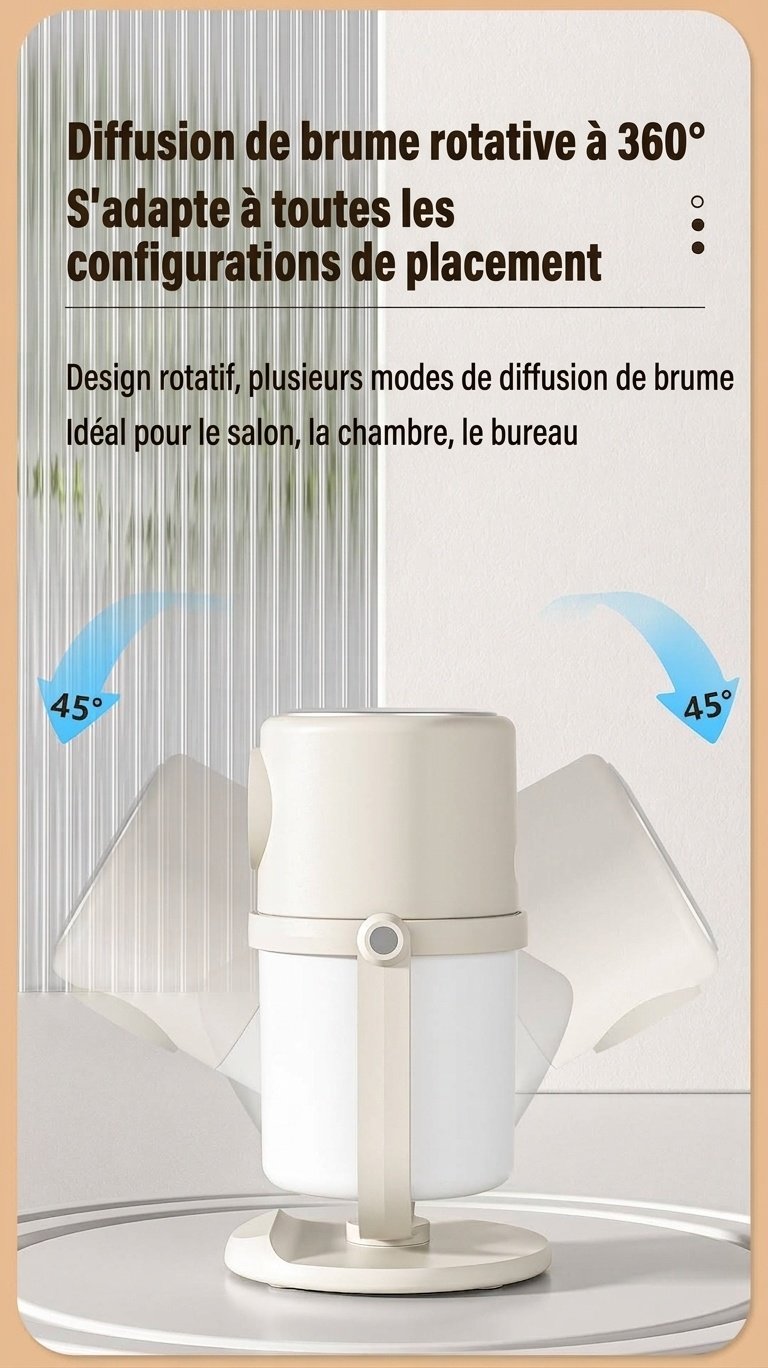 Humidificateur portable USB, diffuseur de brume continu silencieux de 280 ml avec veilleuse apaisante, rotation à 360° et minuterie intelligente pour la maison, le bureau et les voyages.