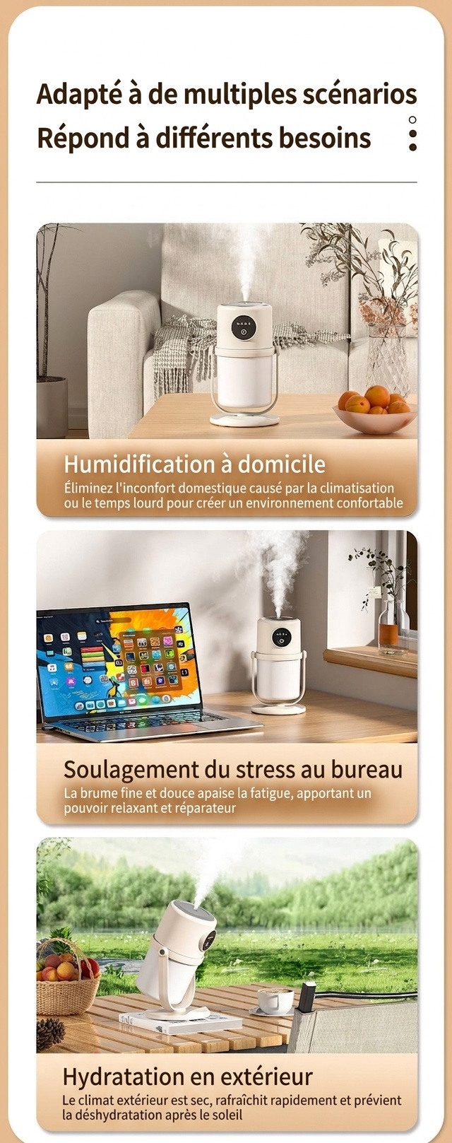 Humidificateur portable USB, diffuseur de brume continu silencieux de 280 ml avec veilleuse apaisante, rotation à 360° et minuterie intelligente pour la maison, le bureau et les voyages.