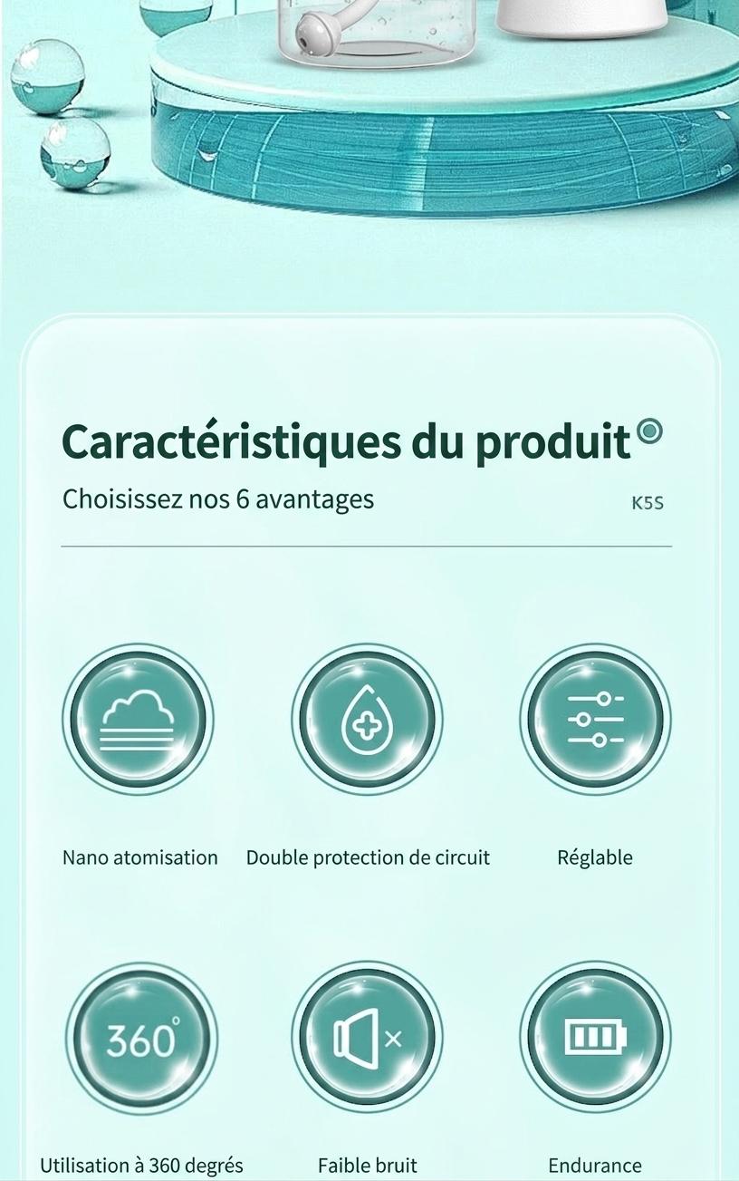 Pistolet pulvérisateur de désinfection portatif antivirus K5S, machine de stérilisation par atomisation à lumière bleue rechargeable