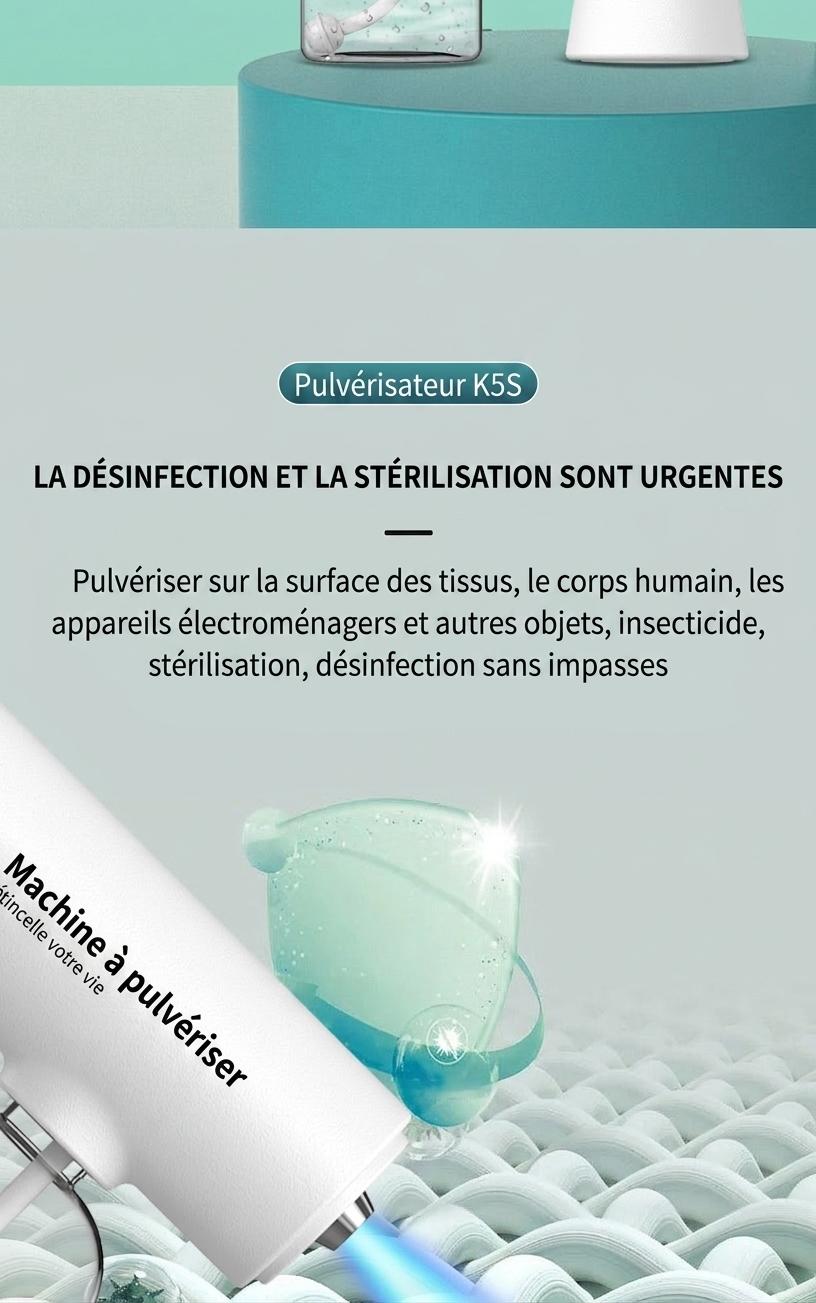 Pistolet pulvérisateur de désinfection portatif antivirus K5S, machine de stérilisation par atomisation à lumière bleue rechargeable