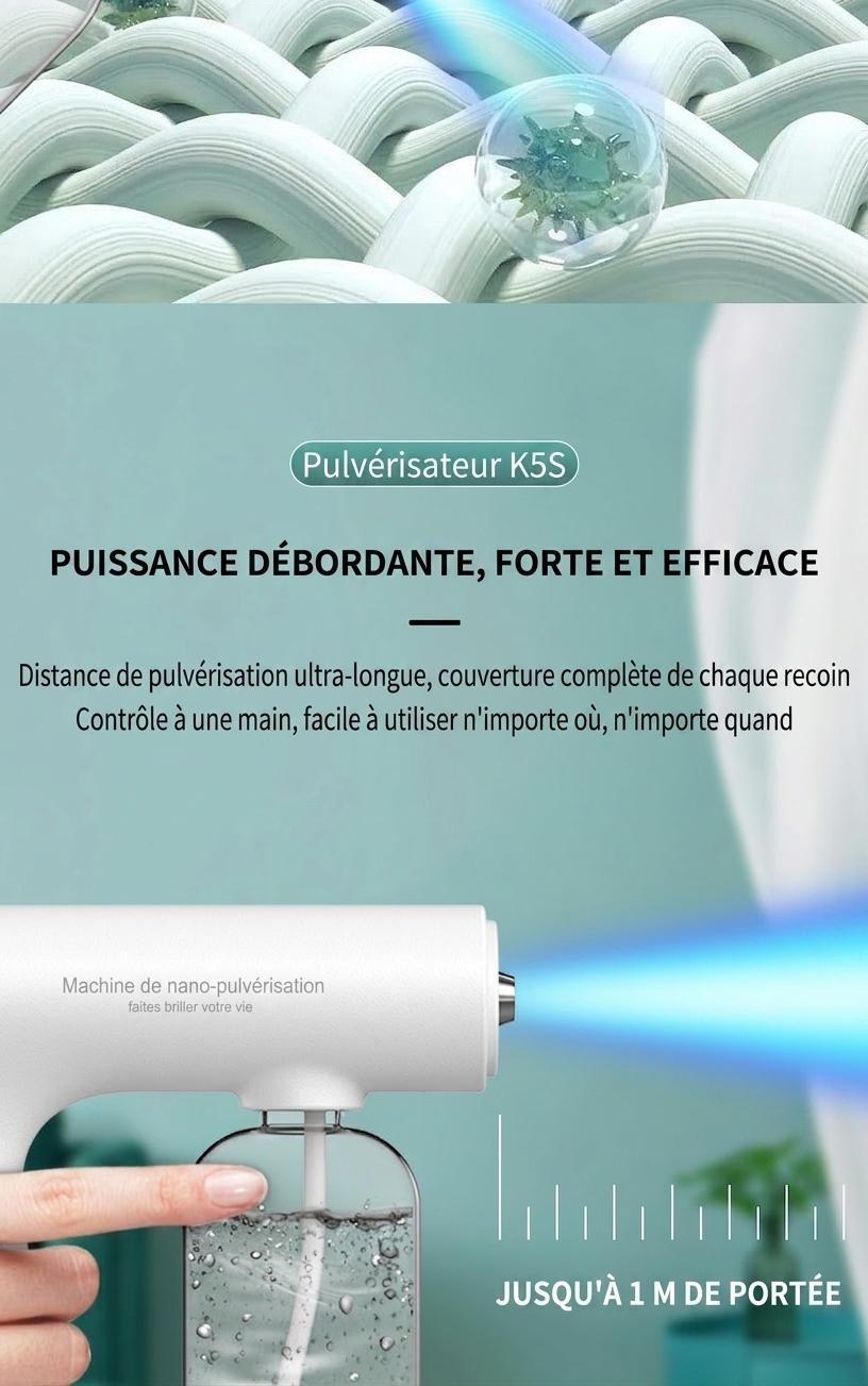 Pistolet pulvérisateur de désinfection portatif antivirus K5S, machine de stérilisation par atomisation à lumière bleue rechargeable