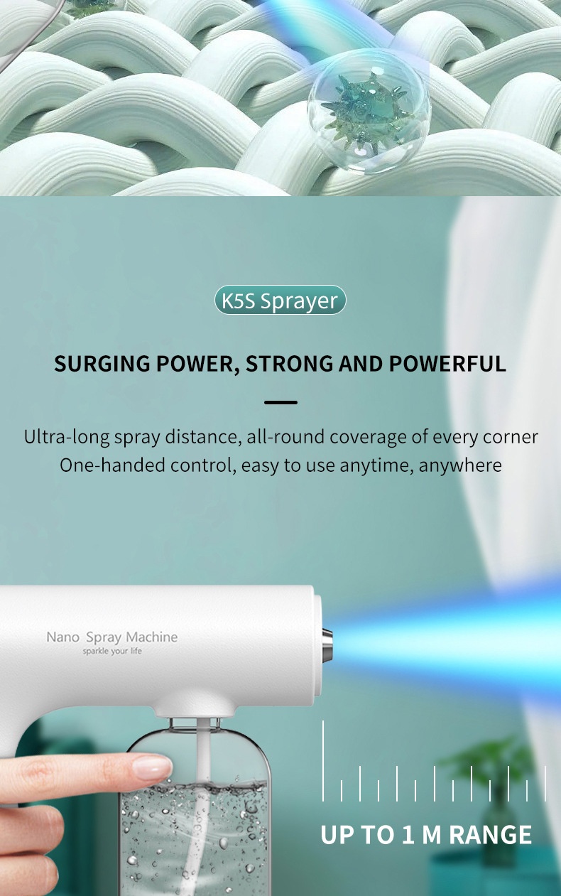 Antivirus K5S handdesinfectiepistool met blauwe lichtverneveling en sterilisatiefunctie, oplaadbaar apparaat