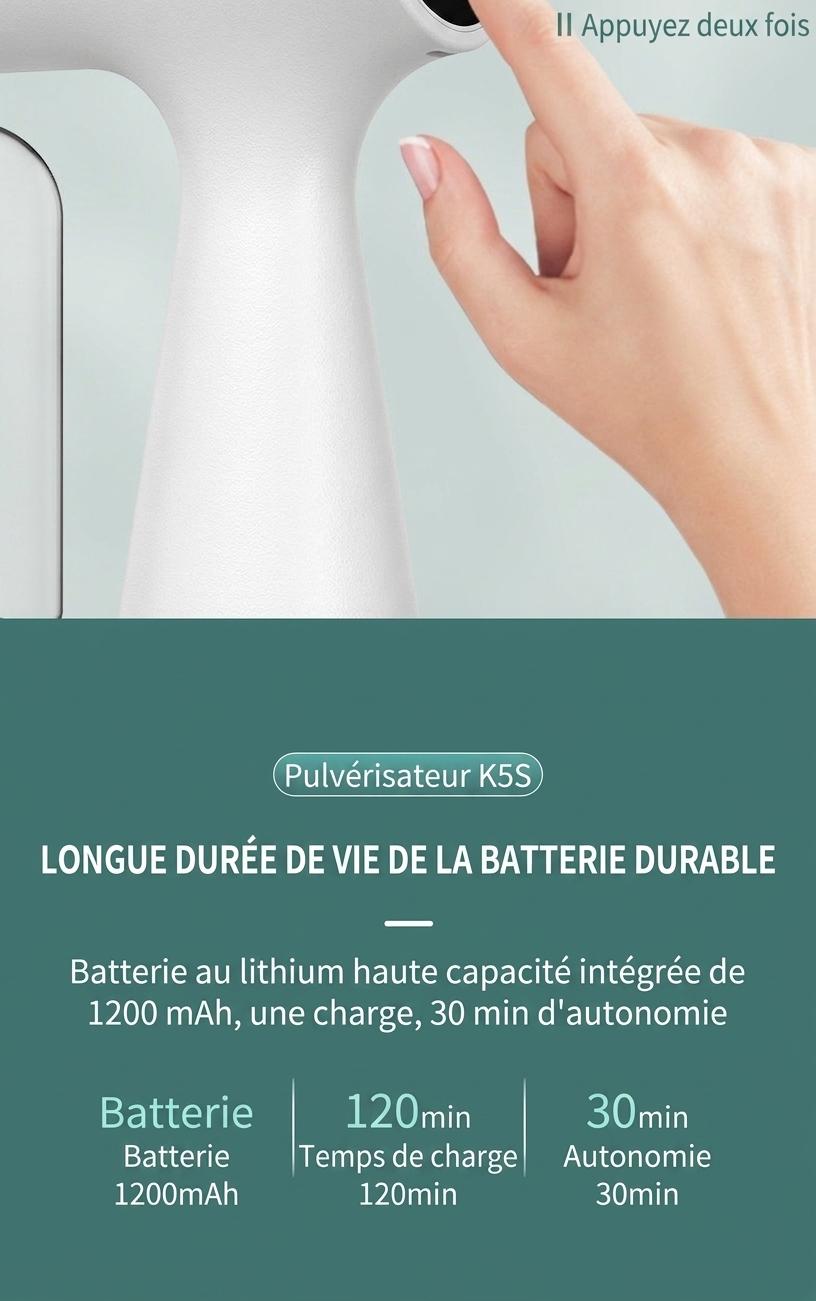 Pistolet pulvérisateur de désinfection portatif antivirus K5S, machine de stérilisation par atomisation à lumière bleue rechargeable