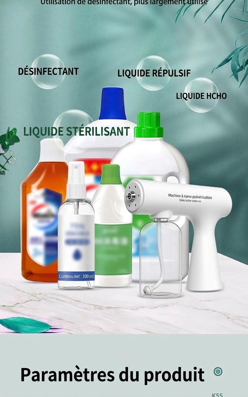 Pistolet pulvérisateur de désinfection portatif antivirus K5S, machine de stérilisation par atomisation à lumière bleue rechargeable