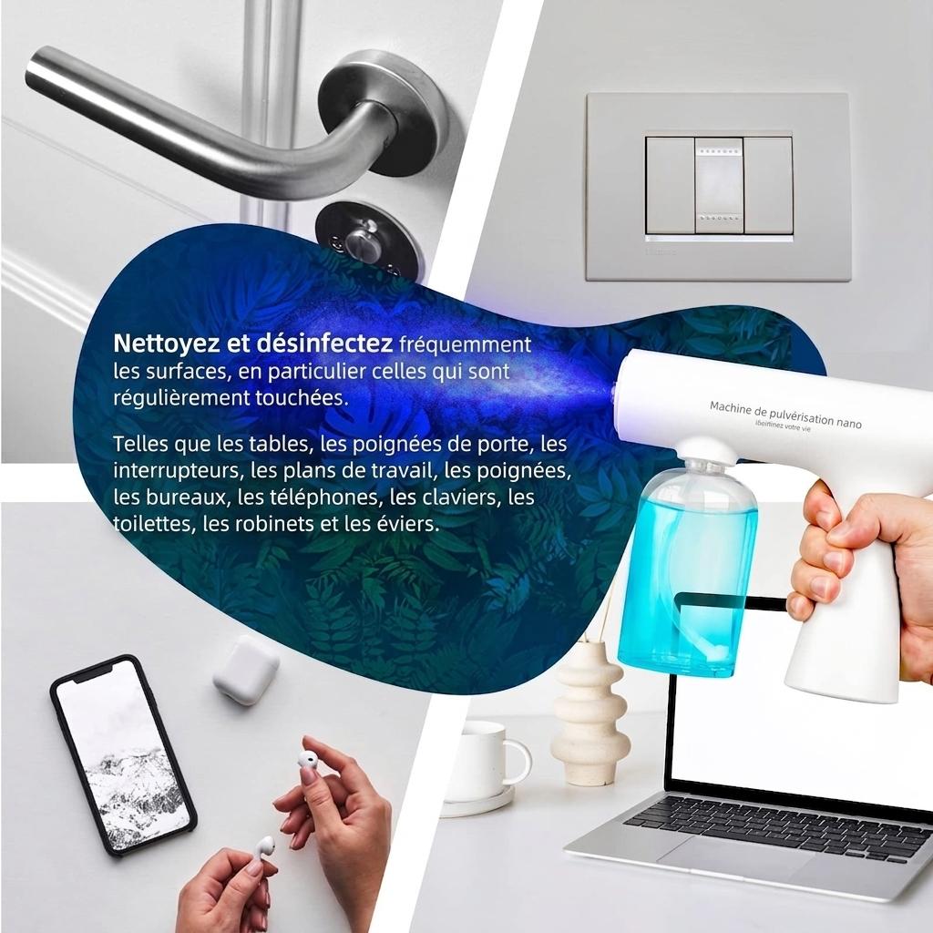 Pistolet pulvérisateur de désinfection portatif antivirus K5S, machine de stérilisation par atomisation à lumière bleue rechargeable