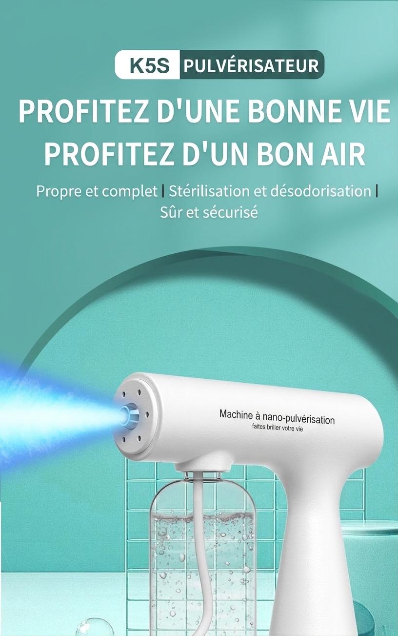 Pistolet pulvérisateur de désinfection portatif antivirus K5S, machine de stérilisation par atomisation à lumière bleue rechargeable