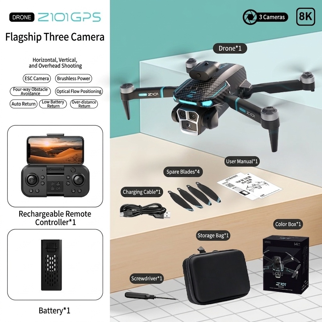 Z101 GPS Brushless Drone with 8K Triple Camera, Intelligent Obstacle Avoidance, Auto Return, Foldable RC Quadcopter for Adults