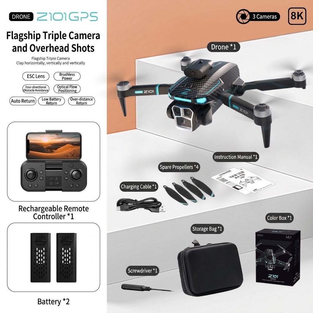 Z101 GPS Brushless Drone with 8K Triple Camera, Intelligent Obstacle Avoidance, Auto Return, Foldable RC Quadcopter for Adults